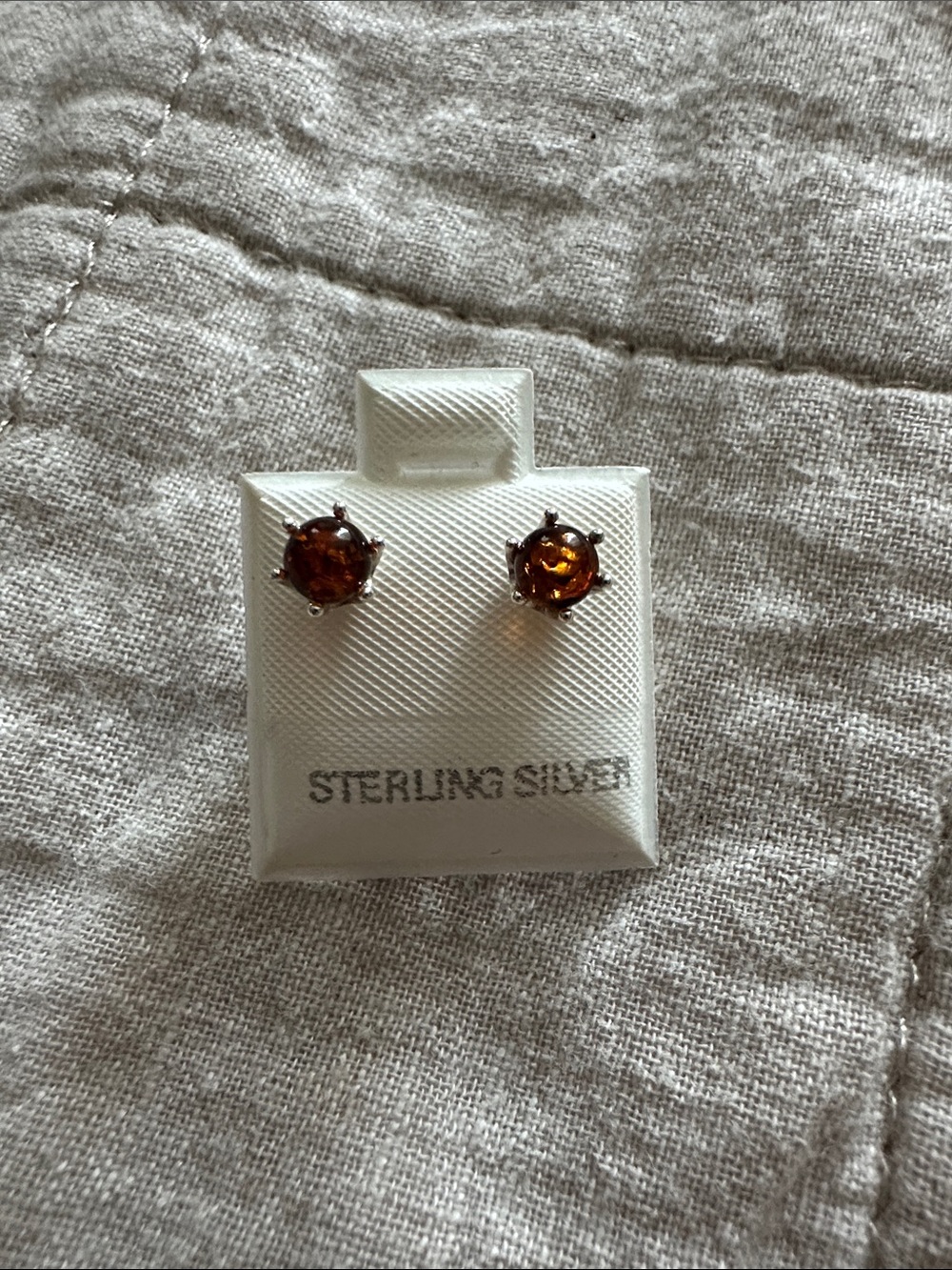 Sterling Silver Amber Stud Earrings - Warm Brown Gem